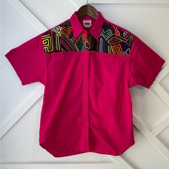 Vintage My Name Is Panama Pink Neon Abstract Embroidered Button Front Shirt Sm - Picture 1 of 8